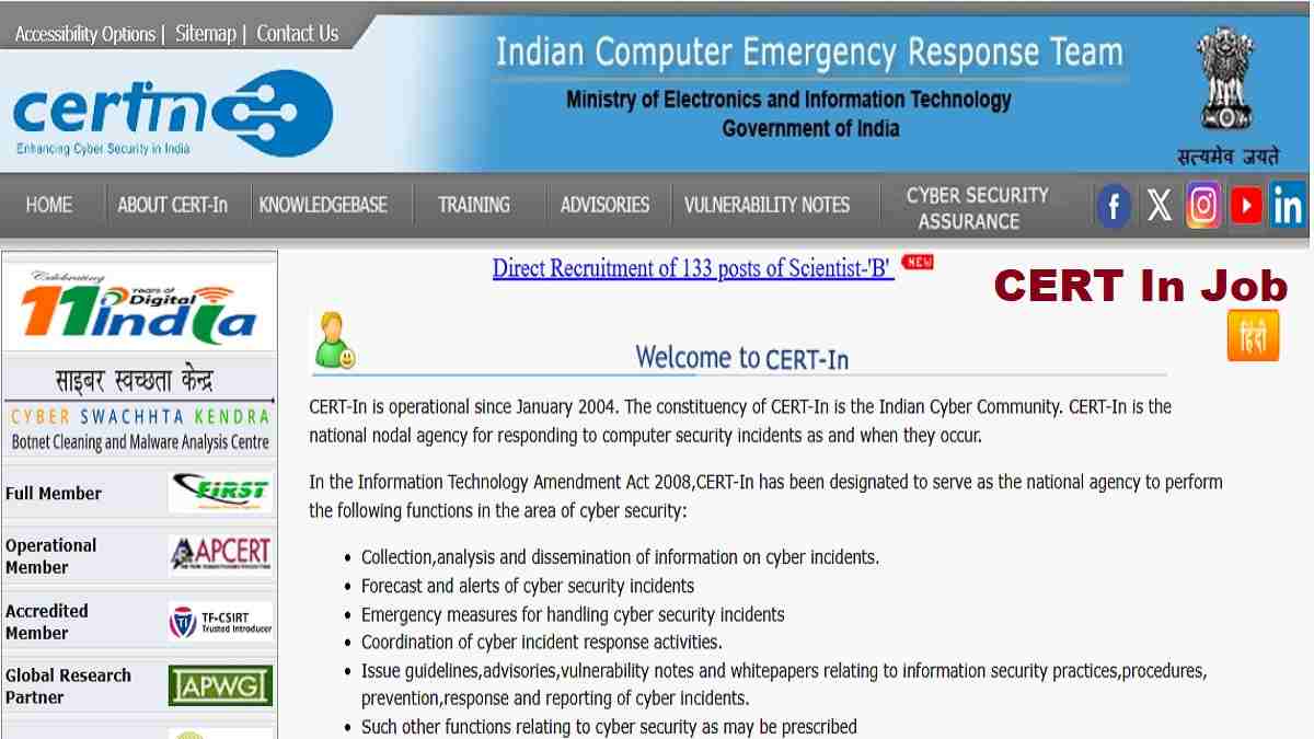 CERT In Scientist B Notification Out 2026 Direct Link Apply 133 Posts
